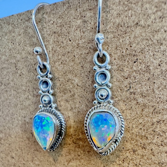 Natural Opal Handmade Sterling Silver Earrings (1.25”) - Picture 2 of 8